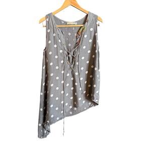 TALIA BENSON | Gray Polka Dot Linen Asymmetrical Lace up Neckline Tank | Medium